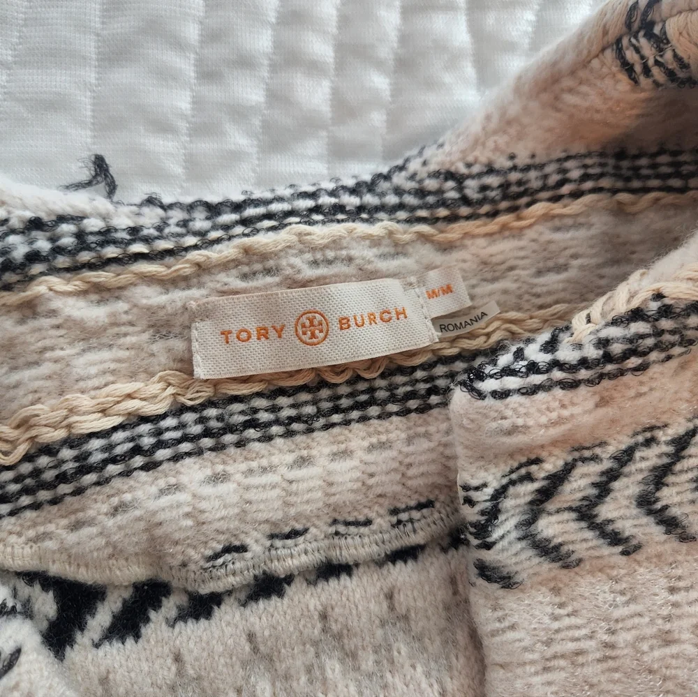 Tory Burch Cream and Black Open-Front Cardigan
